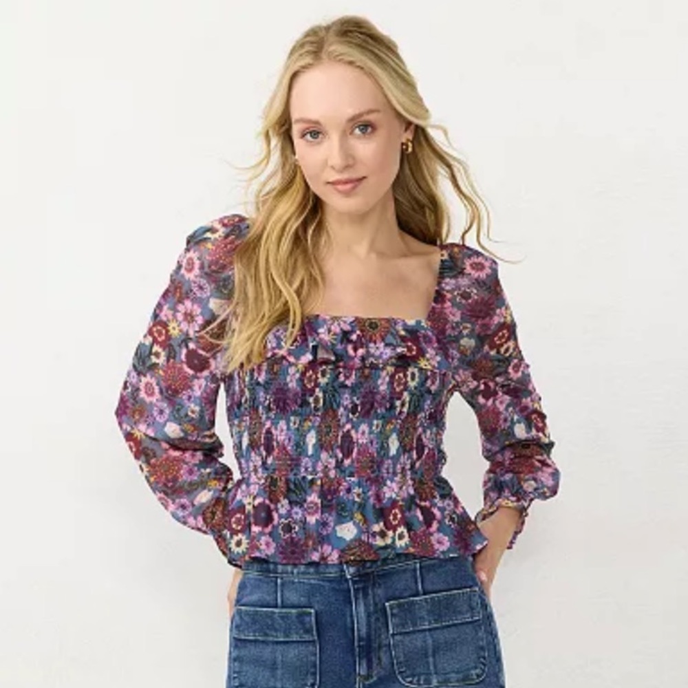 Blue Purple Floral Lauren Conrad  Sheer Stretchy Top long sleeve 3x plus